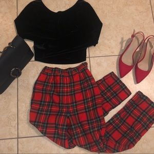 VINTAGE high-waisted RED plaid pants XS ⚡️